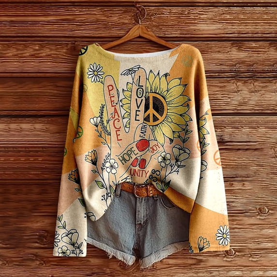 ZHOGXU Women's Loose Fit Long Sleeve Printed T Shirt Soft Brushed Casual Comfortable Retro Style Top For Daily Wear,Light Yellow,Xl