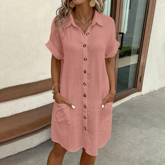 ZHOGXU Women's New Casual Dress With Pockets Solid Color Button Short Sleeve Lapel Comfortable Loose Shirt Dress For Daily Wear,Pink,L