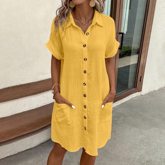 ZHOGXU Women's New Casual Dress With Pockets Solid Color Button Short Sleeve Lapel Comfortable Loose Shirt Dress For Daily Wear,Yellow,L
