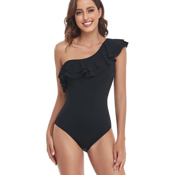 ZHOGXU Women's One Piece Swimsuit One Shoulder Solid Color Ruffles Elegant Comfortable Slim Fit Swimwear For Outdoor Water Sports And Beach,Black,L