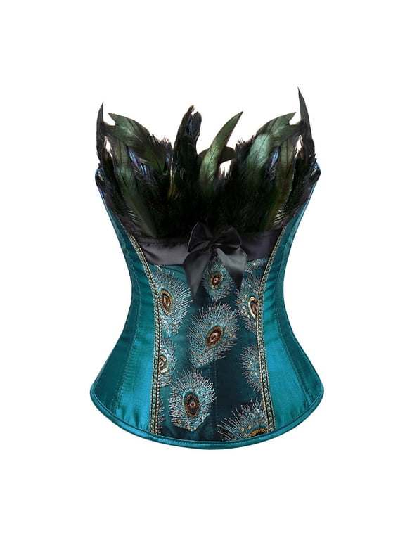 Women's Overbust Corset Peacock Feather Embroidery Satin Cincher Bustier With Bow For Festive,Blue,L