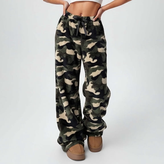 ZHOGXU Women's Pajama Pants Fuzzy Drawstring Elastic Waist Camouflage Print Comfortable Soft Warm Flannel Trousers For Daily Wear Camouflage Xxl