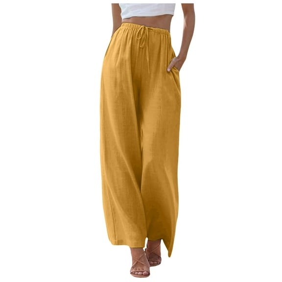 ZHOGXU Women's Pants Drawstring Elastic Waist Solid Color Wide Leg Straight Leg Fashion Comfortable Trousers With Pockets For Daily Wear Yellow M