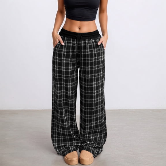 ZHOGXU Women's Pants Elastic Waist Plaid Print Wide Leg Loose Fit Comfortable Comfortable Trousers With Pocket For Daily Wear Black L