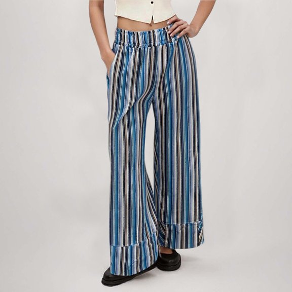 ZHOGXU Women's Pants High Waist Striped Print Wide Leg Straight Fit Comfortable Loose Trousers With Pockets For Daily Wear Blue Xxl