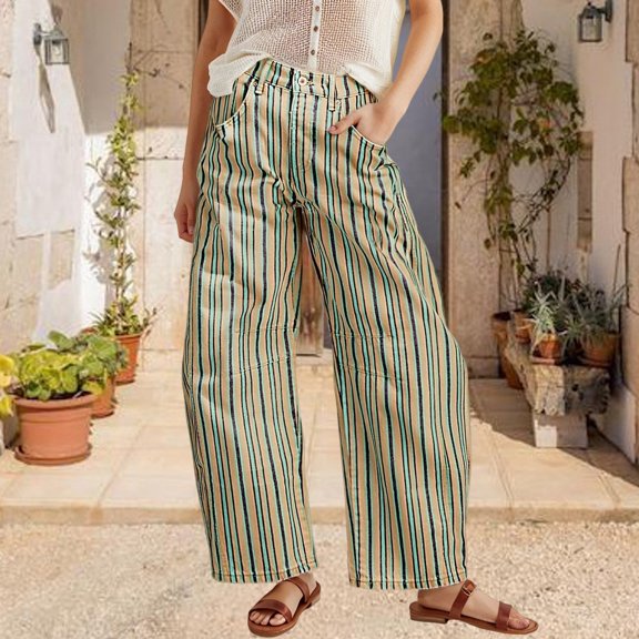 ZHOGXU Women's Pants High Waisted Retro Print Wide Leg Loose Comfortable Breathable Ankle Length Trousers For Daily Wear Light Blue S