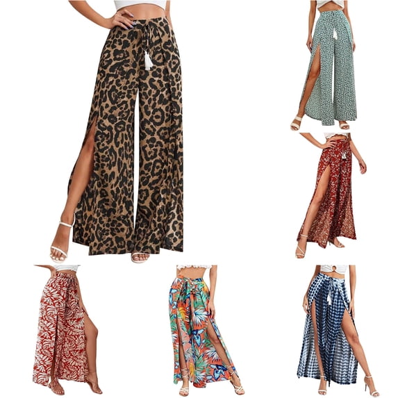 ZHOGXU Women's Pants Summer High Waist Wide Leg Graphic Print High Split Stylish Comfortable Breathable Trousers For Casual Daily Wear,Khaki,Xxl