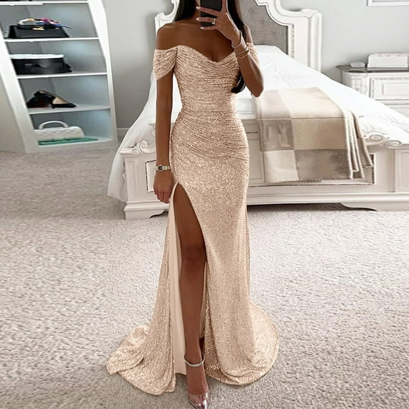 ZHOGXU Women's Prom Dress Off Shoulder Short Sleeve Solid Color Sequin High Split Fashion Floor Length Dress For Wedding Evening Party,Rose Gold,L