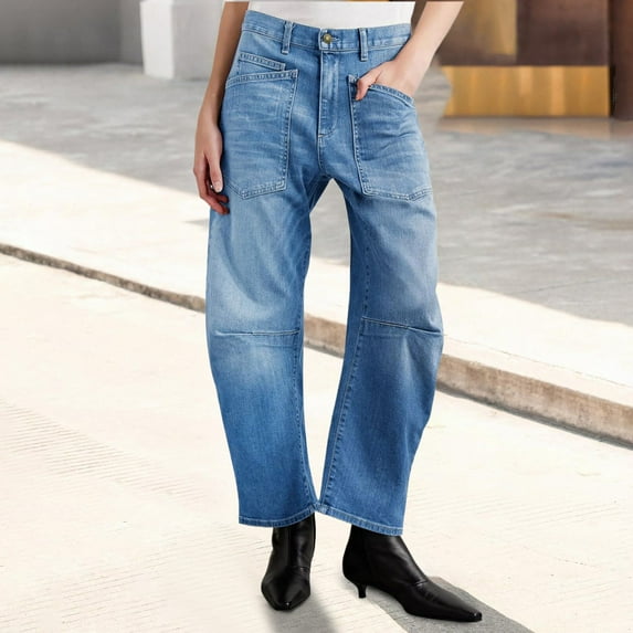 ZHOGXU Women's Retro Jeans With Pocket Distressed Curved High Waisted Wide Leg Fashion Comfortable Denim Pants Trousers For Outdoor Activities,Sky Blue,L