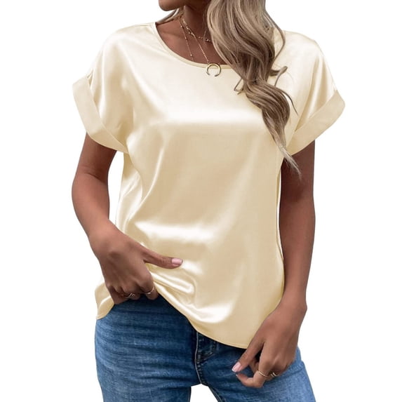 ZHOGXU Women's Satin Shirts Short Sleeve Round Neck Solid Color Comfortable Breathable Fashion Top For Casual Daily Wear,A,L