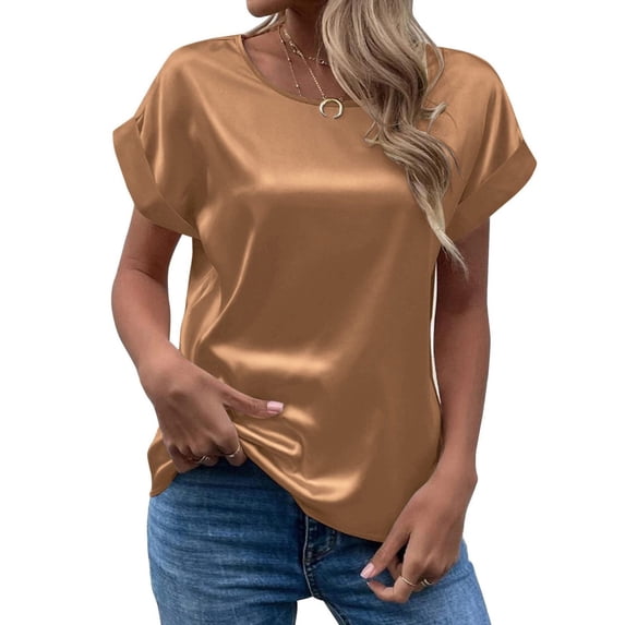 ZHOGXU Women's Satin Shirts Short Sleeve Round Neck Solid Color Comfortable Breathable Fashion Top For Casual Daily Wear,Khaki,Xl