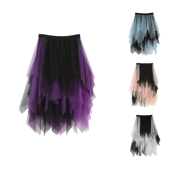ZHOGXU Women's Skirt Summer Elastic Waist Color Block Irregular Hem A Line Comfortable Fashion Mesh Tutu Skirts For Party Performance,Purple,One Size
