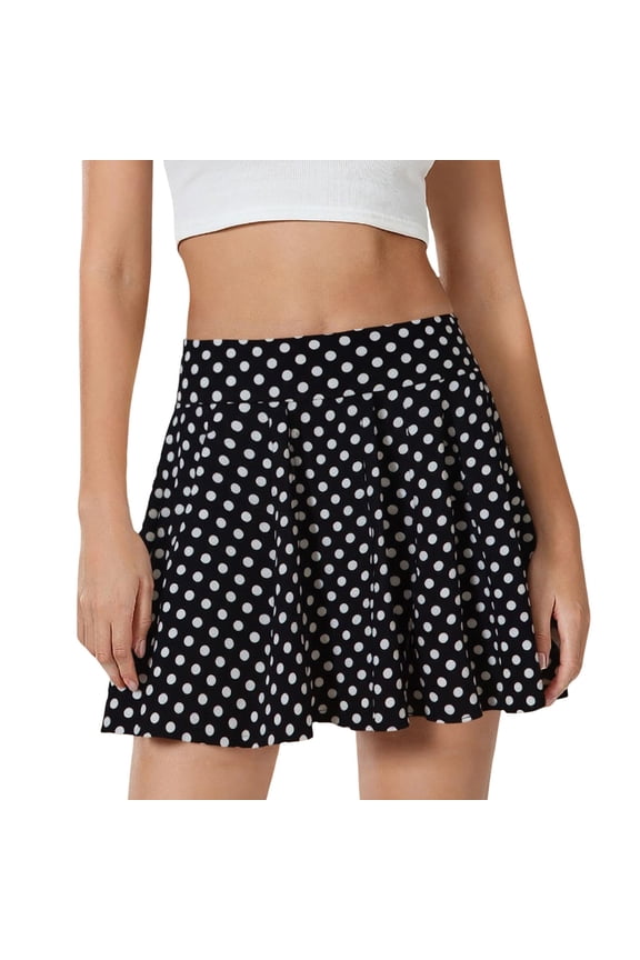 Women's Skirt Summer High Waist Polka Dot Print Pleated A Line Comfortable Fashion Mini Skirts For Casual Daily Wear,Black,S