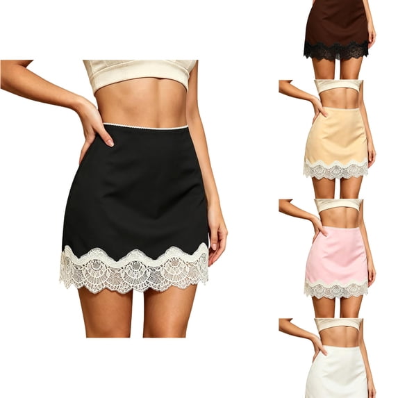 ZHOGXU Women's Skirt Summer High Waisted Lace Trim A Line Elegant Comfortable Slim Fit Mini Skirts For Casual Daily Wear,Black,L