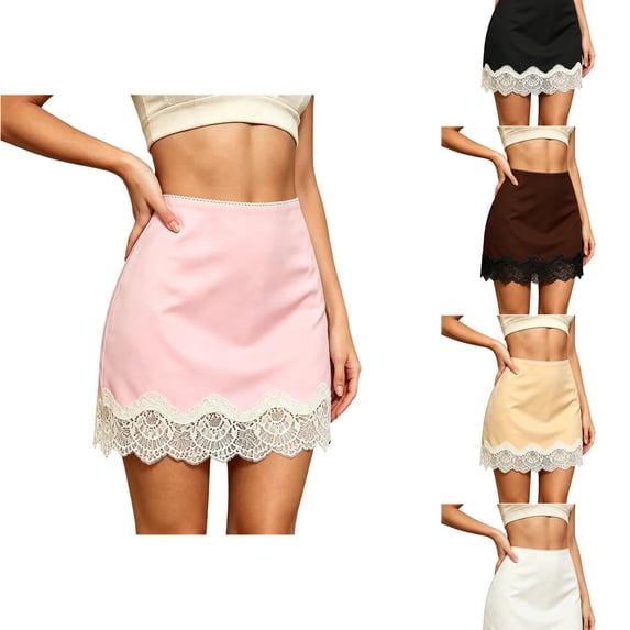 ZHOGXU Women's Skirt Summer High Waisted Lace Trim A Line Elegant Comfortable Slim Fit Mini Skirts For Casual Daily Wear,Pink,L
