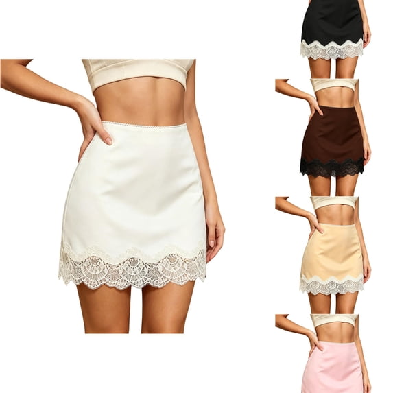ZHOGXU Women's Skirt Summer High Waisted Lace Trim A Line Elegant Comfortable Slim Fit Mini Skirts For Casual Daily Wear,White,L