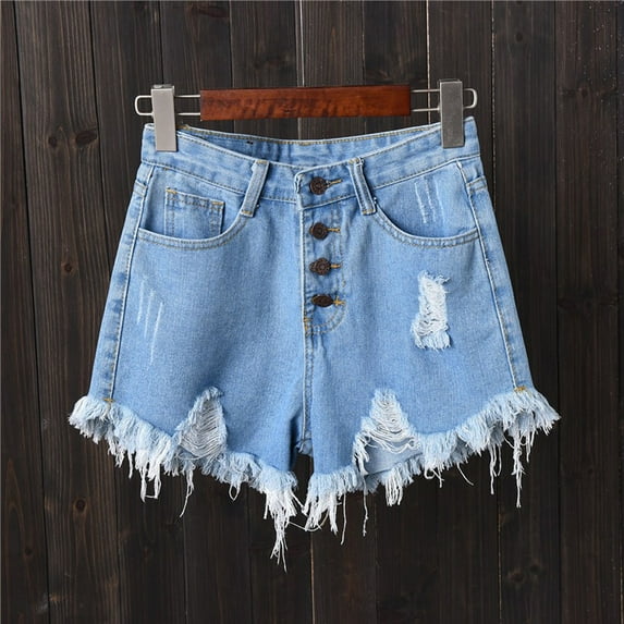 ZHOGXU Women's Summer Denim Shorts With Pocket Solid Color High Waist Ripped Frayed Raw Hem Buttons Wide Leg Shorts For Outdoor Activities,Light Blue,Xxxxxl