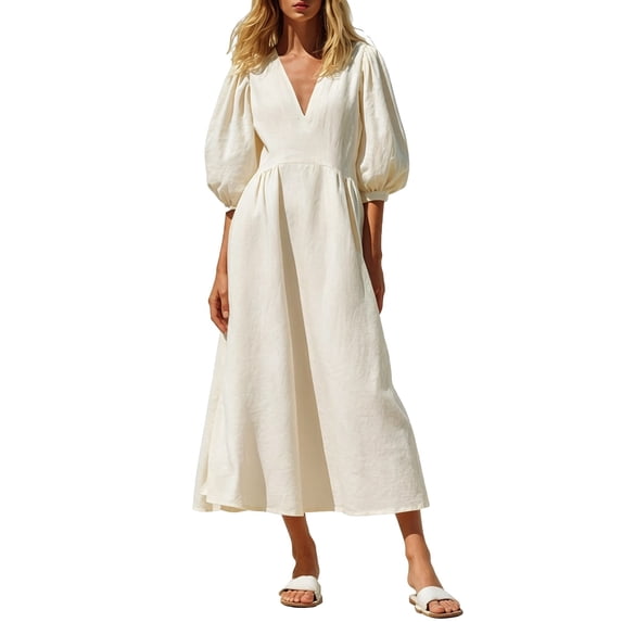 ZHOGXU Women's Summer Dresses V Neck Puff Half Sleeve Maxi Dress Casual Sundress For Work,Beige,L