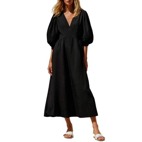 ZHOGXU Women's Summer Dresses V Neck Puff Half Sleeve Maxi Dress Casual Sundress For Work,Black,S
