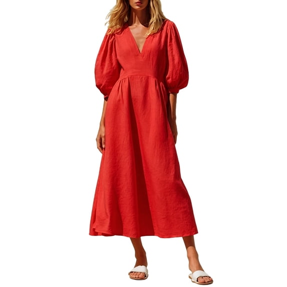 ZHOGXU Women's Summer Dresses V Neck Puff Half Sleeve Maxi Dress Casual Sundress For Work,Red,M