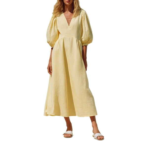 ZHOGXU Women's Summer Dresses V Neck Puff Half Sleeve Maxi Dress Casual Sundress For Work,Yellow,M