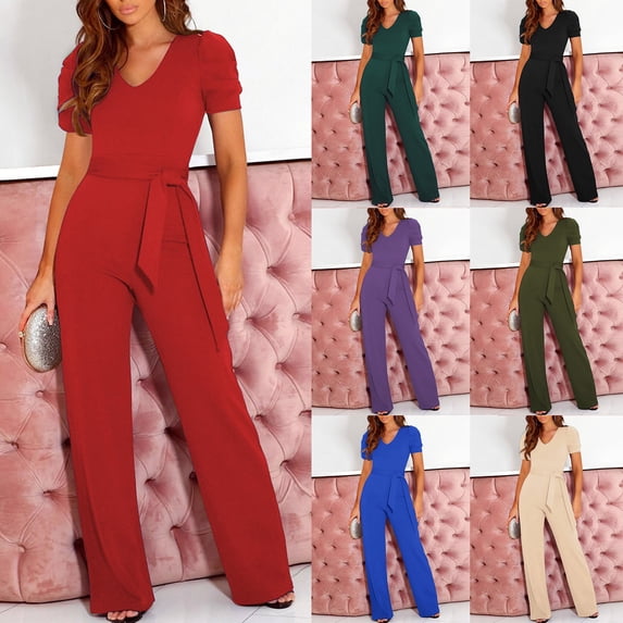 ZHOGXU Women's Summer Romper Puff Sleeve V Neck Solid Color Lace Up Comfortable Elegant Jumpsuits For Casual Daily Wear,Black,Xl