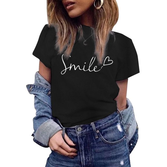 ZHOGXU Women's Summer T-Shirts Round Neck Short Sleeve Letter And Love Heart Print Comfortable Breathable Tee Top For Casual Daily Wear,Black,Xl
