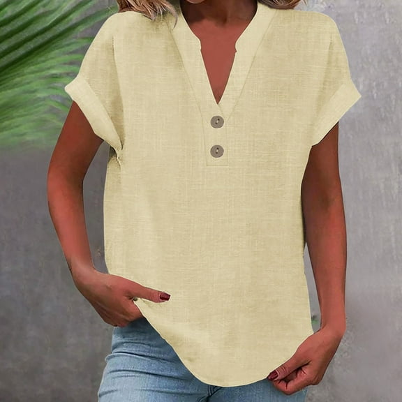 ZHOGXU Women's Summer T-Shirts V Neck Short Sleeve Solid Color Buttons Curved Hem Comfortable Breathable Tee Top For Casual Daily Wear,Beige,L