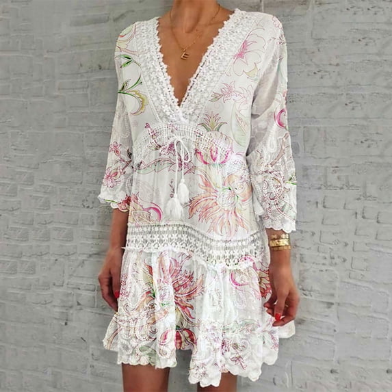 ZHOGXU Women's Swimwear Cover Up Three Quarter Sleeve V Neck Solid Color Lace Trim Bohemian Elegant Comfortable Beach Dress For Beach Pool,Red,Xl