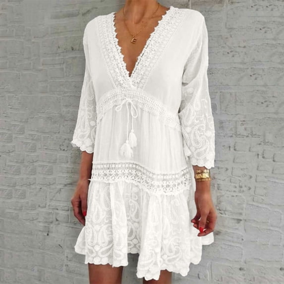 ZHOGXU Women's Swimwear Cover Up Three Quarter Sleeve V Neck Solid Color Lace Trim Bohemian Elegant Comfortable Beach Dress For Beach Pool,White,Xl