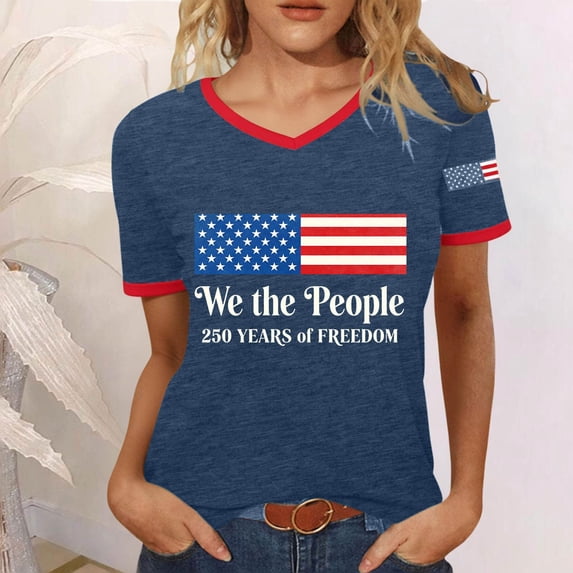 ZHOGXU Women's T Shirt 4Th Of July Us National Flag Print V Neck Short Sleeve Comfortable Breathable Tee Top For 250 Years Birthday Patriotic,Dark Blue,L