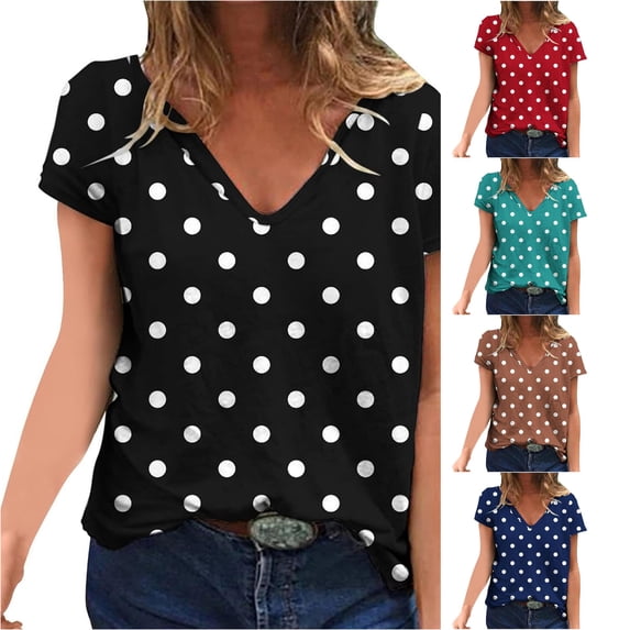 ZHOGXU Women's T Shirt Polka Dot Printed V Neck Short Sleeve Loose Fit Lightweight Comfortable Breathable Tee Top For Daily Wear ,Black,L