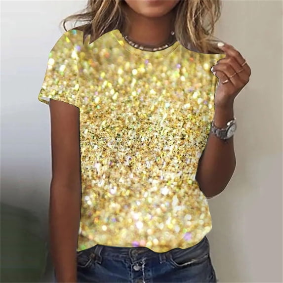 ZHOGXU Women's T Shirt Short Sleeve Crew Neck Sequin Comfortable Breathable Stylish Top For Casual Daily Wear,Rose Gold,S
