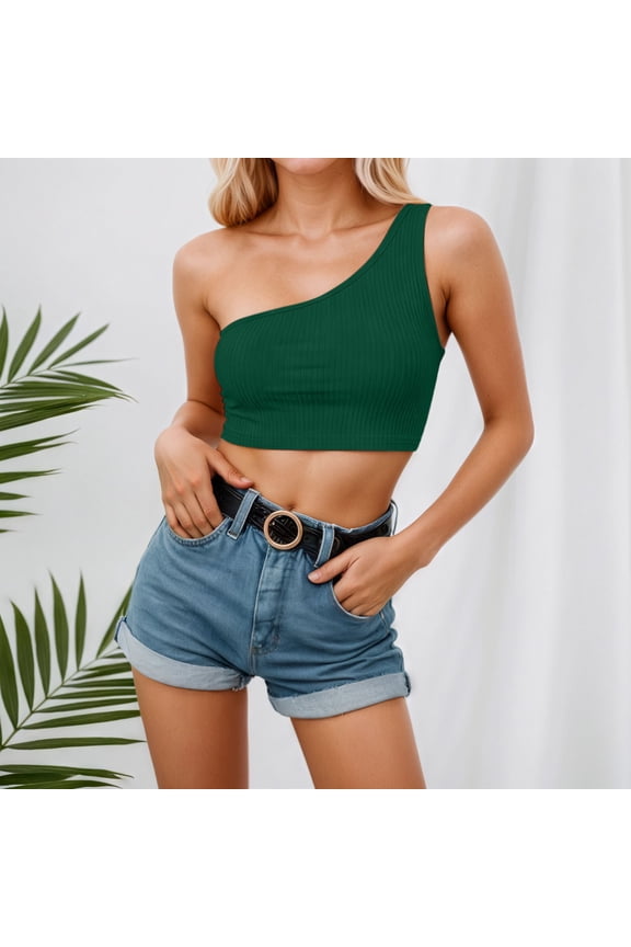 Women's Tank Top One Shoulder Low Cut Solid Color Crop Fashion Slim Fit Comfortable Camisole For Daily Wear,Green,L
