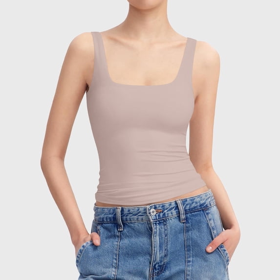 ZHOGXU Women's Tank Top Sleeveless Square Collar Solid Color Comfortable Fashion Stretchy Slim Fit Camisole For Daily Wear,Pink,Xl