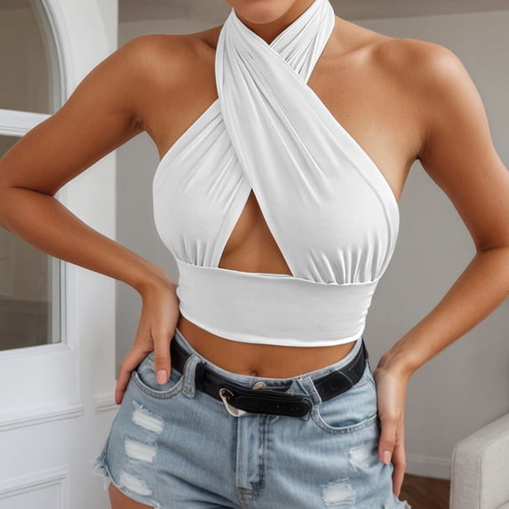 ZHOGXU Women's Tank Tops Sleeveless Halter Neck Solid Color Backless Comfortable Lightweight Slim Fit Camisole For Daily Wear,White,M