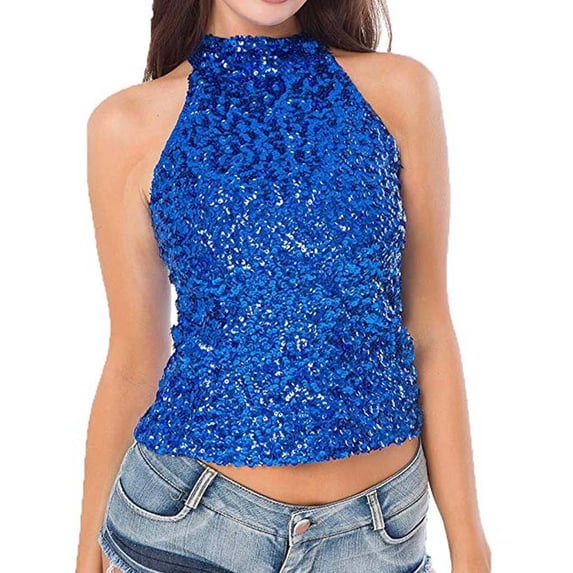 ZHOGXU Women's Tank Tops Sleeveless Turtleneck Solid Color Glitter Sequin Comfortable Elegant Layering Vest For Daily Wear And Party,Blue,One Size