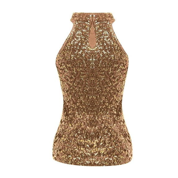 ZHOGXU Women's Tank Tops Sleeveless Turtleneck Solid Color Glitter Sequin Comfortable Elegant Layering Vest For Daily Wear And Party,Gold,One Size