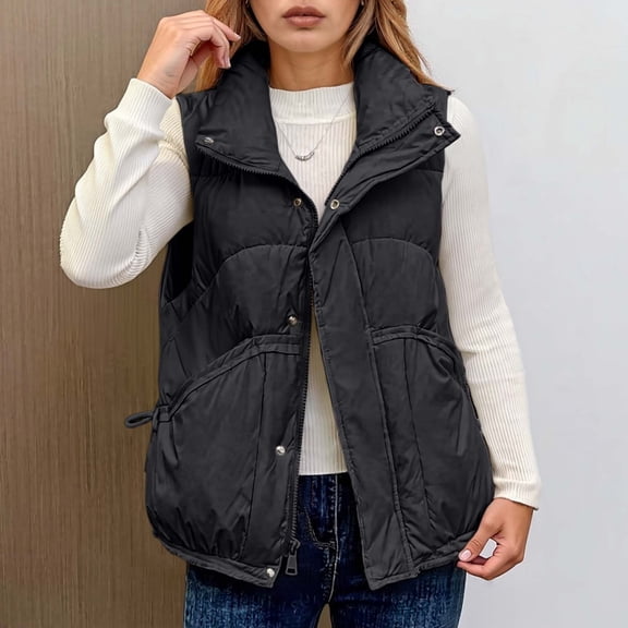 ZHOGXU Women's Vest Coat Sleeveless Lapel Solid Color Zipper Comfortable Thickened Jacket For Casual Daily Wear Black L