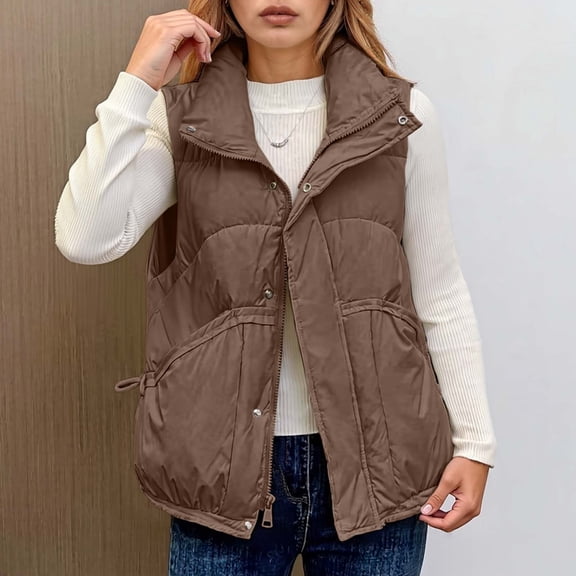 ZHOGXU Women's Vest Coat Sleeveless Lapel Solid Color Zipper Comfortable Thickened Jacket For Casual Daily Wear Coffee L