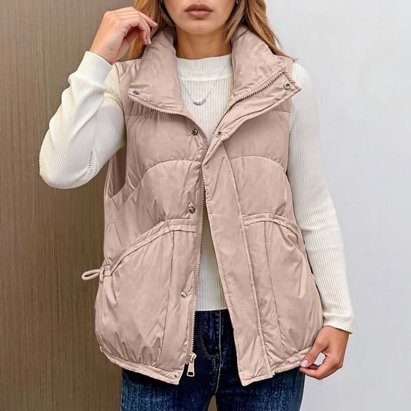 ZHOGXU Women's Vest Coat Sleeveless Lapel Solid Color Zipper Comfortable Thickened Jacket For Casual Daily Wear Khaki L