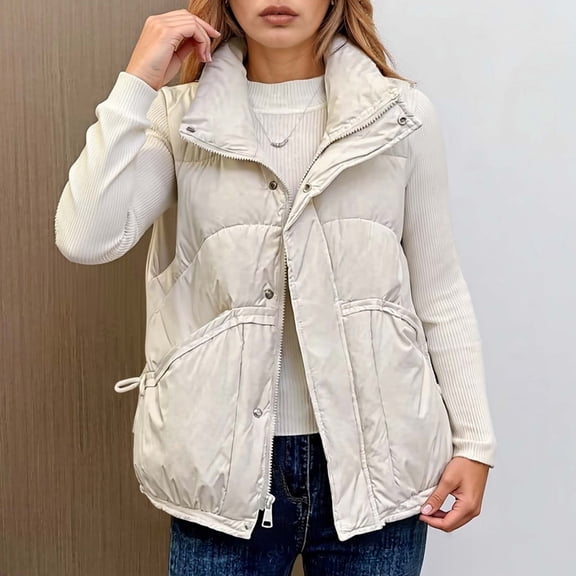 ZHOGXU Women's Vest Coat Sleeveless Lapel Solid Color Zipper Comfortable Thickened Jacket For Casual Daily Wear White L