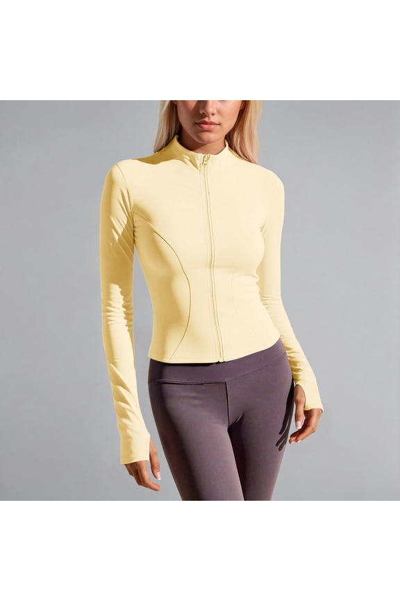 Women's Yoga Coat Long Sleeve Solid Color Zipper Slim Fit Stretchy Lightweight Comfortable Jacket For Casual Daily Wear Light Yellow Xxl
