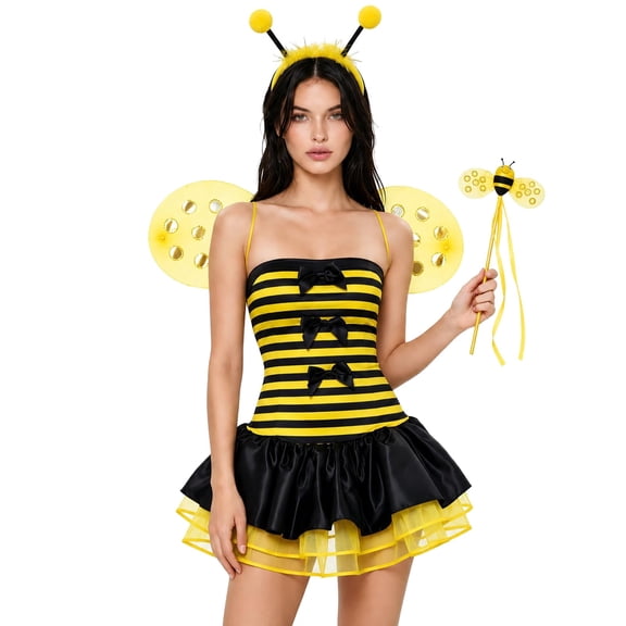 ZHOGXU Womens Bee Clothes Strapless Striped Tulle Mini Tutu Dress With Wing Headband Magic Wand Outfit Sets Halloween Dress Up,L
