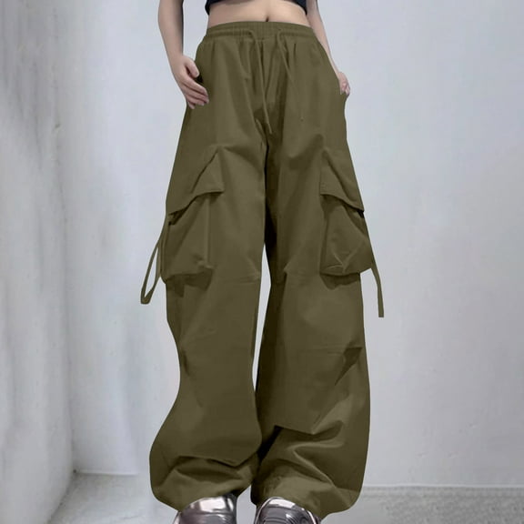 ZHOGXU Womens Cargo Pants Drawstring Elastic Waist Solid Color Wide Leg Relaxed Fit Loose Baggy Trousers With Pockets For Daily Wear Green Xxl