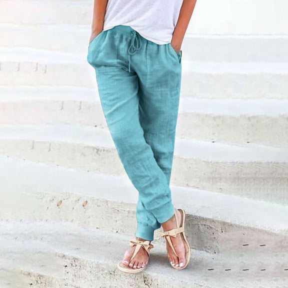 ZHOGXU Womens Casual Pants Drawstring Elastic Waist Solid Color Ankle Tied Loose Trousers With Pockets For Daily Wear，Sky Blue，Xxl