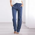 thumbnail image 1 of ZHOGXU Womens Casual Pants Drawstring Elastic Waist Solid Color Straight Fit Wide Leg Loose Trousers With Pockets For Daily Wear，Blue，L, 1 of 3