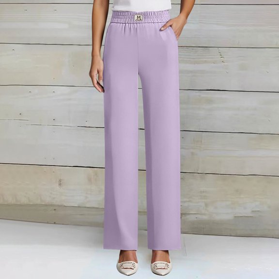 ZHOGXU Womens Casual Pants Elastic Waisted Straight Leg Solid Color Comfortable Soft Trousers With Pockets For Daily Wear Light Purple L