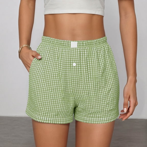 ZHOGXU Womens Casual Shorts Elastic Waist Plaid Print Button Front Comfortable Stretchy Lightweight Shorts With Pockets For Everyday Wear Light Green S