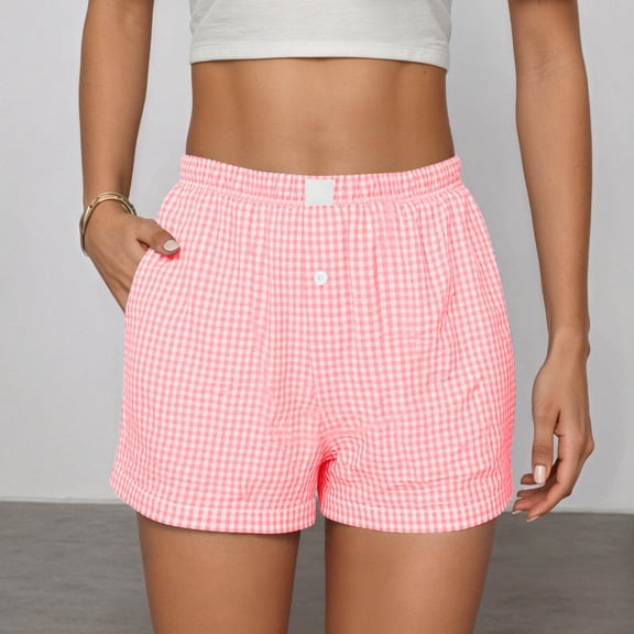ZHOGXU Womens Casual Shorts Elastic Waist Plaid Print Button Front Comfortable Stretchy Lightweight Shorts With Pockets For Everyday Wear Light Pink S